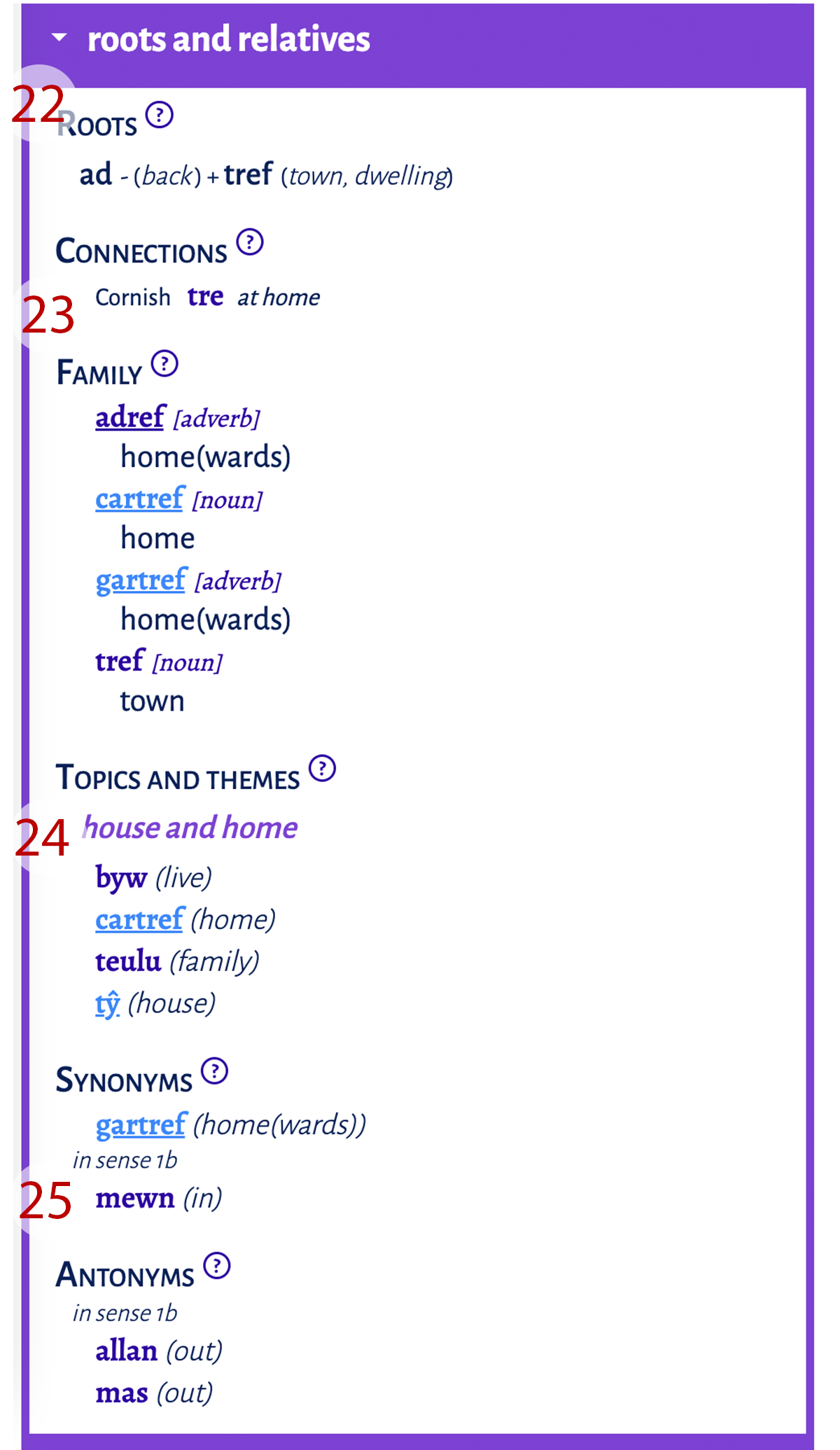 A numbered image of an extra information box labelled
    'roots and relatives'. The numbered items are: 22 - the heading 'roots'; 23 - the heading
    'connections'; 24 - the heading
    'family'; 25 - the headings
    'synonyms' and
    'antonyms'.