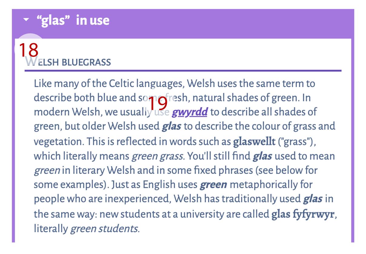 A numbered image of an extra information box for headword
    'glas', labelled 'glas in use'. The numbered items are: 18 - the heading for the usage
    information; 19 - a hyperlinked word within the usage information text.